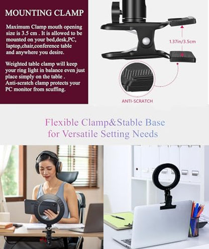 6.3" Ring Light with Clamp Mount for Laptop,Webcam Light with 3 Light Modes&10 Level Dimmable for Laptop/PC Monitor/Desk/Bed/Office/Makeup/YouTube/TIK Tok