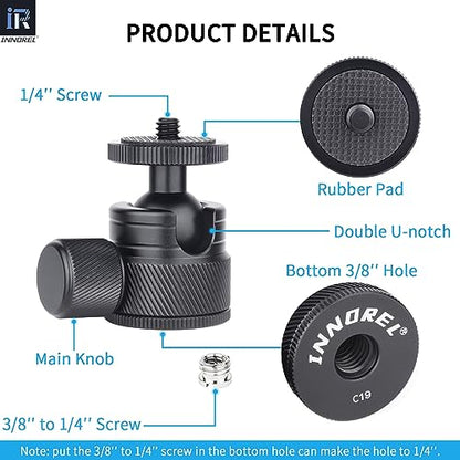Mini Ball Head-INNOREL C19 Mount Tripod Head-CNC Metal Low Profile Ballhead 360° Pan 90° Tilt Tripods Mount with 3/8" to 1/4" Adapter Ballheads, Max Load 6.61 lb/3kg for Phone/DLSR Camera/Mini Holder