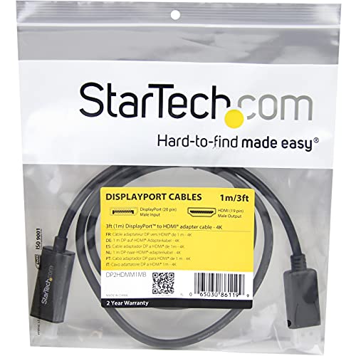 StarTech 6ft DisplayPort to HDMI Cable, 4K30, 1080p60, Passive (DP2HDMM1MB) | 1m, 3840 x 2160, 4K 30Hz Monitor Cable, Passive, Latching DP, DP++ Source, HDMI 1.4, 7.1ch Audio, HDCP 1.4, 1080p60