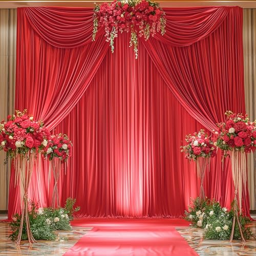 10ftx12ft Wrinkle Free Red Backdrop Curtain, 2 Panels 12FT Height Red Wedding Backdrop Drapes, Silky Polyester Back Drop Cloth for Birthday Photography Background Party Backdrop Draping - color: Red, size: (W)5ft x (H)12ft (2 Panel)