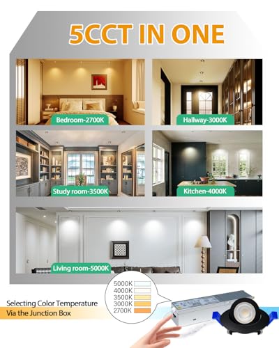 zouzai 2 Inch Gimbal LED Recessed Lights, Black, 6 Pack, with Junction Box, 360°+ 90° Adjustable, 5CCT 2700K-5000K, Dimmable, Canless Eyeball Downlight, CRI90+, 550LM 5W 120V, ETL - color: Black-2 inch, size: 6 Pack