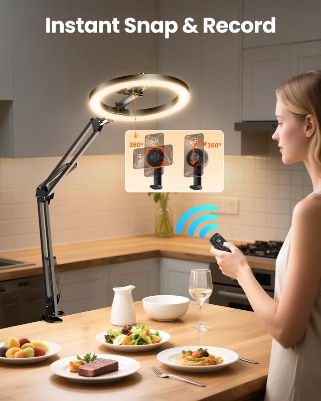 Magnetic Overhead Ring Light for Desk, 10” Selfie Light with Stand Tripod for iPhone, Adjustable Overhead Phone Mount with MagSafe-Compatible Holder for Recording, Vlogging, Crafts, TikTok, YouTube - size: 36" tall - Magnetic Phone Holder