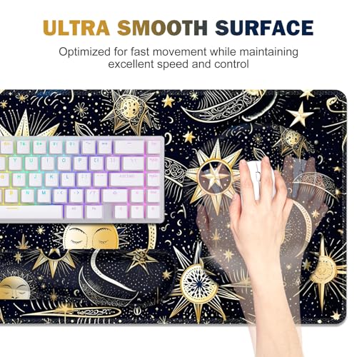 Gaming Mouse Pad, Large Desk Mat, Cute Desk Pad Protector, 4in1 XXL Mousepad + Keyboard Wrist Rest+Mouse Wrist Rest+Coaster Set with Ergonomic Desk Pad for Home Office PC Computer, Stars and Moon - color: Stars and Moon