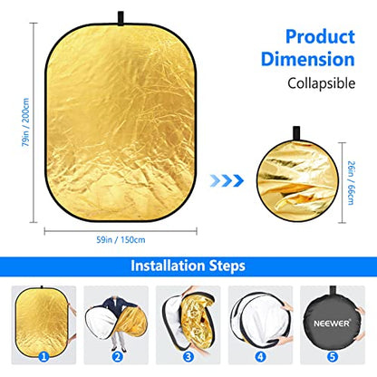 NEEWER 59"x79"/150x200cm Light Reflectors for Photography, Portable 5 in 1 Collapsible Multi Disc with Bag - Translucent, Silver, Gold, Black, White Diffuser for Studio and Outdoor Lighting - size: 59" x 79"
