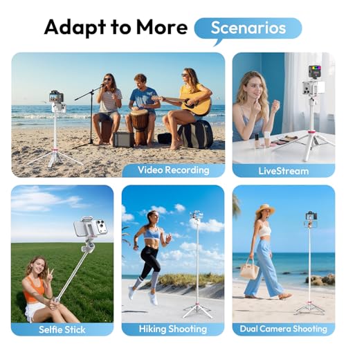 ULANZI MT-44B Phone Tripod, 59'' Auto Open Phone Stand with Dual Camera Set up, 360° Ball Head, Extendable Selfie Stick w Cold Shoe for Filming/Selfie in Vlog, Family Gatherings, White - color: White
