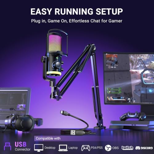 FIFINE USB Streaming Microphone Kit for Gaming, Condenser Mic with RGB, Noise Cancellation, Game/Chat Dial-Plug & Play for PC Twitch/YouTube/Podcast, Includes Boom Arm & Pop Filter-AmpliGame AM6T
