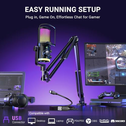 FIFINE USB Streaming Microphone Kit for Gaming, Condenser Mic with RGB, Noise Cancellation, Game/Chat Dial-Plug & Play for PC Twitch/YouTube/Podcast, Includes Boom Arm & Pop Filter-AmpliGame AM6T