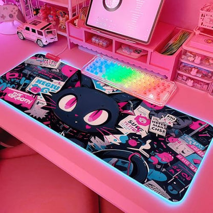 JMIYAV Pink RGB Gaming Mouse Pad 31.5x12 Inch PC XL Large Extended Glowing Led Light Up Desk Pad Non-Slip Rubber Base Computer Cute Mousepad Mat Desk Accessories Gaming Setup 104 - color: Cyber Meow