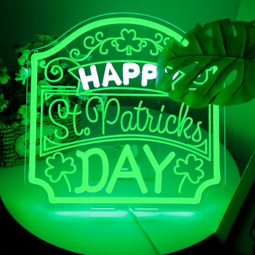 Happy St. Patrick's Day Art Neon Signs Shamrock LED Neon Lights Dimmable Wall Decor for Kids, Room, Office, St Patrick's Day Party Gift Art for Boys Girls-12.2 x 12.2 IN-USB Powered-Acrylic - color: Green:St