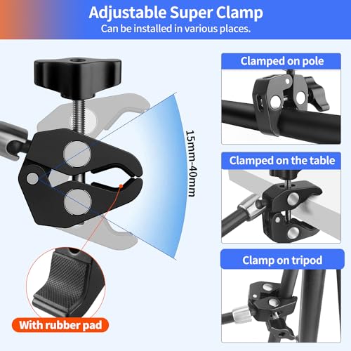 Hemmotop Magic Arm Camera Mount Clamp, 9.8 in Adjustable Articulating Friction Arm Max. Load 6.6 LBS, for iPhone Monitor, Camera Mounts & Clamps Kit MS01 Black