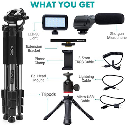 Movo iVlogger iPhone/Android Compatible Vlogging Kit with Fullsize Tripod - Phone Video Kit Accessories: Tripods, Phone Mount, LED Light and Cellphone Shotgun Microphone for Phone Video Vlog Recording