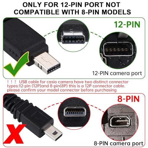 USB Cable Compatible with Casio Exilim Camera Charger, Compatible with Casio Exilim EX-Z77, Z75, Z29, Z80, Z90, H10, Z1080, ZR20, TR150, TR200, ZR1000, FC200S, FC300S, FC400S - style: For Casio-12 PIN