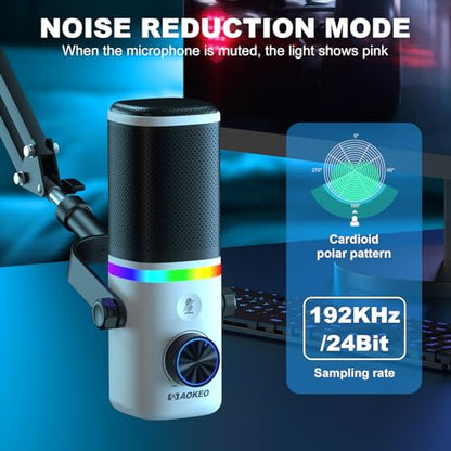 Aokeo AK-10 USB Gaming Microphone with mic arm, Condenser Microphone for PC/MAC/PS4/PS5/Phone-Cardioid Mic with RGB Lighting（White） - color: Ivory