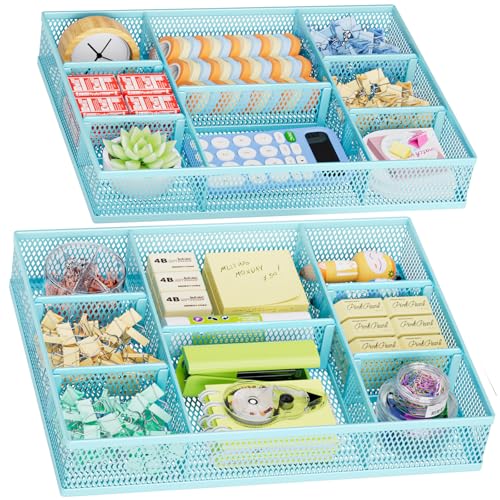 Marbrasse 2 Pack Desk Drawer Organizer, Mesh Drawer Organizer Tray with 8 Adjustable Compartments, Desk Organizers and Accessories, 5 Dividers Drawer for Office Supplies, Makeup & Vanity (Blue) - color: Blue