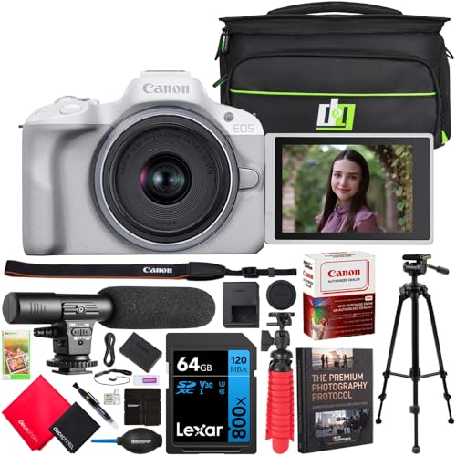 Canon EOS R50 Mirrorless Camera (White) with RF-S 18-45mm F4.5-6.3 is STM Lens 5812C012 Bundle with Deco Gear Photography Bag + Microphone + Tripod + Premium Photography Pro Ebook & Accessories Kit - color: White