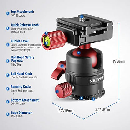 NEEWER Tripod Head, 360° Rotating Panoramic Ball Head with 1/4” Quick Shoe Plate for Tripod Monopod Slider DSLR Camera Camcorder, Max Load up to 5kg/11lb – GM28 - style: GM28