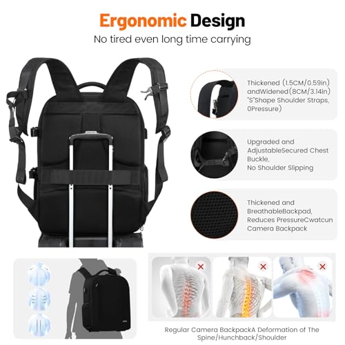Cwatcun DSLR Camera Backpack，Large DSLR Camera Bag with 17" Laptop Compartment, Waterproof & Tripod Ready - color: Black, size: 2.0 X Large