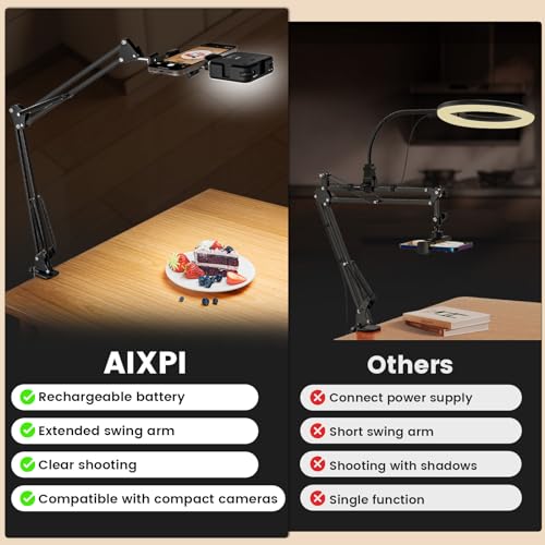 Overhead Phone Mount with LED Selfie Light and Bluetooth Remote, Rechargeable Ring Light Tripod Stand with Flexible Boom Arm, Desk Phone Holder for Video Recording, Live Streaming, TikTok, Vlogging