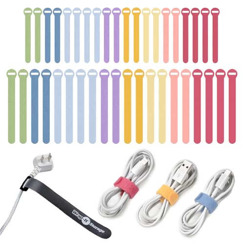 Self-Gripping Cable Ties by Wrap-It Storage, Macaron, 40 Pack (5 Inch and 8 Inch Straps) – Reusable Hook and Loop Cord Wraps for Home Office Desk Organization - color: Macaron
