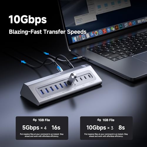 Giftos Powered USB Hub, 18 in 1 USB 3.2 Hub with 4K HDMI, PD 100W,45W Charge,10Gbps USB,SD/TF,Audio, 65W Adapter,3.3FT Cable,Aluminum,Smart Button, USB Hub for Mac, Mac mini, iMac,iPhone 17/16,iPad - size: 18 IN 1