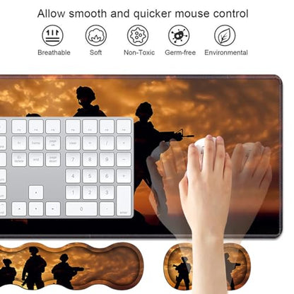 4 in 1 Ergonomic Keyboard Wrist Rest & Mouse Pad Wrist Rest Set, Large XXL Gaming Desk Mat 31.5"x 11.8" with Non-Slip Base, Memory Foam for Home Office Study Gaming, American Soldiers - color: American Soldiers