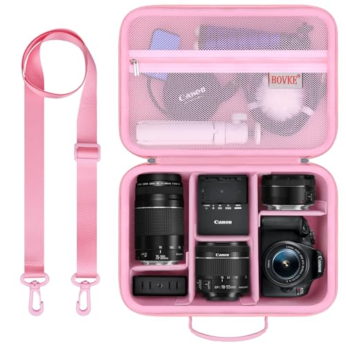 BOVKE Carrying Case for Canon EOS Rebel T7 / R50 / R6 Mark II / R100 Cameras, Storage Case for Canon, Sony, Nikon DSLR SLR Cameras, Lens, Tripod and Accessories, Shoulder Strap with 5 Dividers, Pink - color: Pink
