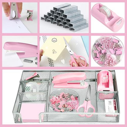 Pink Office Desk Accessories, Pink Office Supplies Set, Desk Drawer Organizer,Stapler and Tape Dispenser Set,Tape,Staple Remover, Staples, Paper Clips, Scissor and Sticky Note - color: Pink