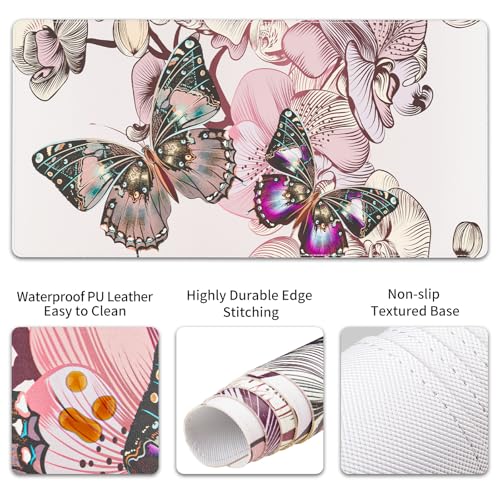 QIYI Leather Desk Mat Set, 4-in-1 Large Mouse Pad with Ergonomic Wrist Rest, Waterproof Desk Pad + Keyboard Wrist Rest + Mouse Wrist Support + Coaster, Non-Slip Office Gaming Accessories, Butterflies - color: Floral Butterflies