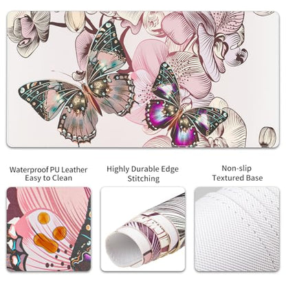 QIYI Leather Desk Mat Set, 4-in-1 Large Mouse Pad with Ergonomic Wrist Rest, Waterproof Desk Pad + Keyboard Wrist Rest + Mouse Wrist Support + Coaster, Non-Slip Office Gaming Accessories, Butterflies - color: Floral Butterflies