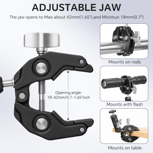 Super Clamp Camera Clamp Mount Monitor 360°Ballhead Magic Arm Double Ball Head Adapter with 1/4"-20 & 3/8"-16 Thread for Canon Nikon DSLR Camera/Gopro/LED Light Ronin-M/Ronin MX/FreeflyMOVI