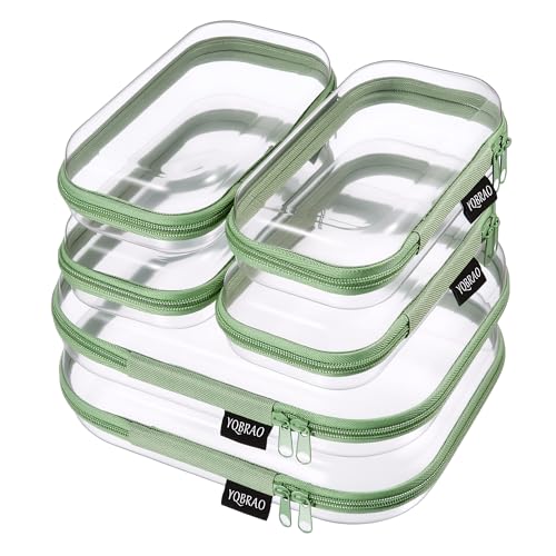 6 Pack Green Clear Hard Shell Beauty Organizer (2M+4S), 1.2mm Heavy Duty Crush-Proof Cosmetic Case, Reinforced YKK Zippers, Stadium Approved Security Bag for Skincare & Electronics, Multi-Size Set - color: Green, size: 6 Pack (2M+4S)