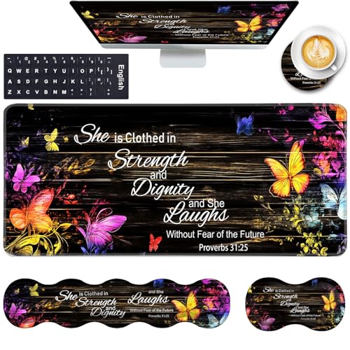 Keyboard Wrist Rest and Mouse Pad with Wrist Support Set Ergonomic Coaster,Memory Foam,Easy Typing Pain Relief,Large XL Desk Mat 31.5"x 11.8",Floral Butterfly Bible Verse Proverbs 31-25 - color: Floral Butterfly Bible Verse Proverbs 31-25, size: 5 Pcs-XL