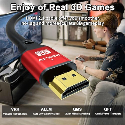 15FT HDMI 2.1 Cable 8K60Hz 4K120Hz, 48Gbps Ultra High Speed HDMI Cable with Gold Plated Connectors, Red Aluminum Housing, for PS5, Xbox Series X, 4K TV, Projector, Home Theater, Equipment Rack. - size: 15FT