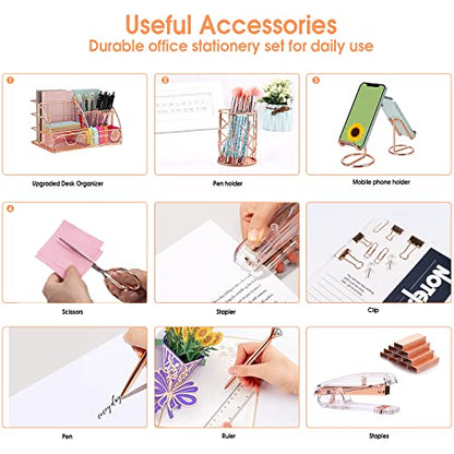 KAAKOW Rose Gold Desk Organizers and Accessories Office Supplies Set Stapler, Pen Holder, Phone Holder, Scissors, Pen, Ruler, 30 Paper Clips, 22 Binder Clip, 20 Tacks and 1000pcs Staples - color: Rose Gold
