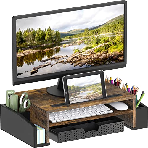 Simple Houseware Desk Monitor Stand Riser with Adjustable Organizer Tray, Rustic Brown - color: Rustic Brown