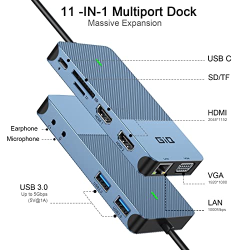 USB Docking Station GIQ USB C HUB USB 3.0 to Dual HDMI VGA Adapter Triple Display USB C Laptop Docking Station Dual Monitor HDMI Splitter Extender Compatible with MacBook M1 M2 M3 M4 M5 USB Dock - color: blue