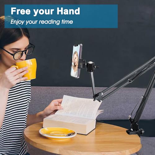 Overhead Tripod Mount for Camera Webcam Ring Light, Long Over Head Articulating Arm with Phone Holder and Ball Head, Desktop Lazy Arm Clamp Phone Stand Accessory for Live Streaming,Video Recording