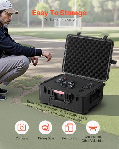 VEVOR Weatherproof Hard Case, Heavy Duty Protective Dry Box with Pre-Cut Foam, Wheels & Retractable Pull Handles for Travel, Hunt, Military, Tactical, IP67 Waterproof Case for Cameras(57x45x28) - size: 22.56*17.72*10.91in