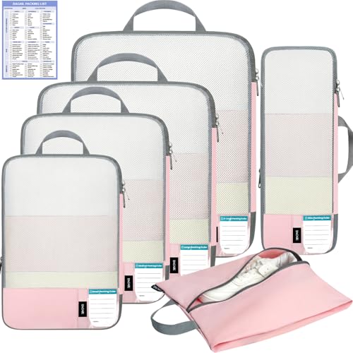 BAGAIL 6 Set Lightweight Compression Packing Cubes with Packing List, Anti-Tearing Expandable Organizer Bags for Travel, Pink - color: Pink
