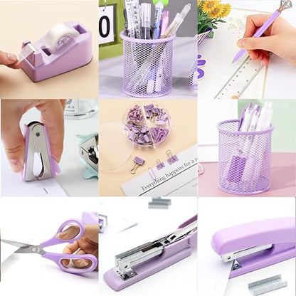 Purple Office Supplies, Purple Desk Accessories, Stapler, Staple Remover, Tape Holder, Pen Holder, Ballpoint Pen, Scissor, Binder Clips, Paper Clips and 1000pcs Staples. - color: Purple