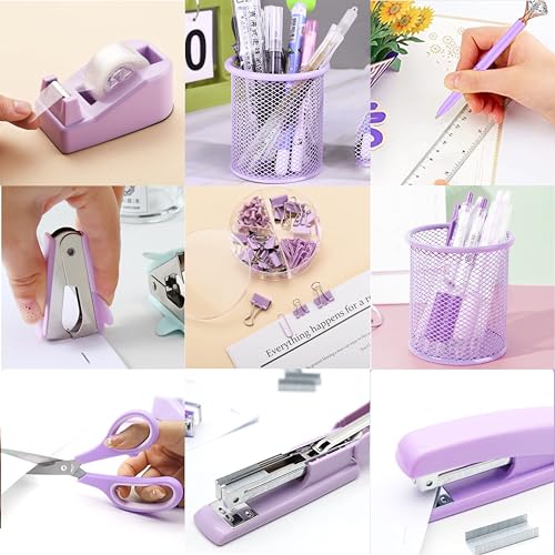 Purple Office Supplies, Purple Desk Accessories, Stapler, Staple Remover, Tape Holder, Pen Holder, Ballpoint Pen, Scissor, Binder Clips, Paper Clips and 1000pcs Staples. - color: Purple