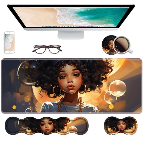 Ergonomic Keyboard Wrist Rest & Mouse Pad Wrist Rest Set, Large XXL Gaming Desk Mat 31.5"x 11.8" with Non-Slip Base, Memory Foam, Easy Typing Pain Relief for Home & Office - African American Girl - color: African American Girl-1