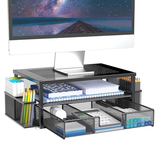 MINDEPOT 2 Tier Computer Monitor Stands with Drawer and 2 Pencil Holder, Metal Monitor Stand, Office Desk Accessories Workspace Desktop Organizers for Office Supplies, Black