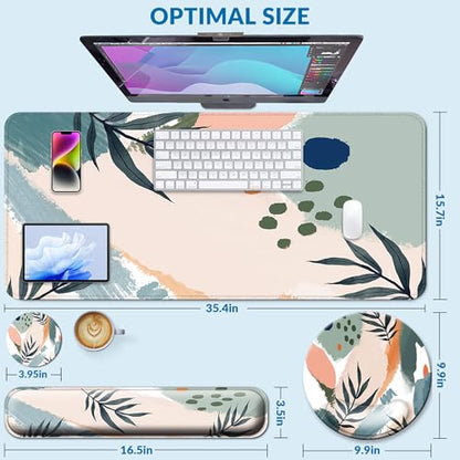 Desk Mat Set + Keyboard and Mouse Pad with Wrist Rest Support,4-in-1 Large Mousepad Computer Mats for Desktop Home & Office-Leaves 2 - color: O-Leaves 2