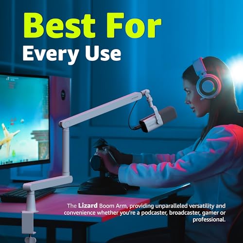 IXTECH White Microphone Boom Arm Stand Low Profile Boom Arm Adjustable Mic Stand with Built In Cable Management 360° Swivel Mic Arm. - color: 2 LIZARD
