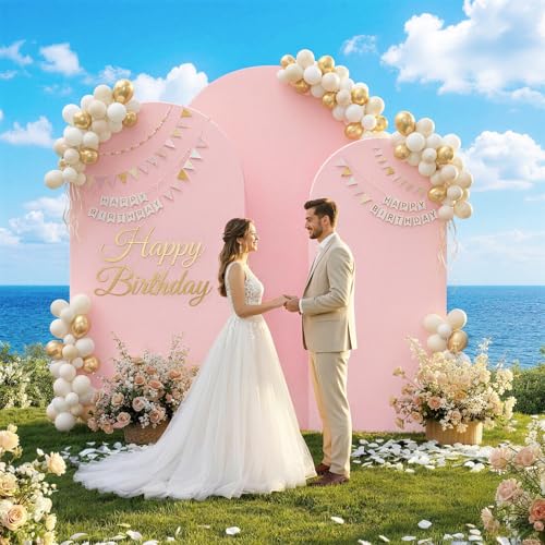 Toolterritary Set of 3 Metal Arch Backdrop Stand with Cover Set, (7.2FT, 6.6FT, 6FT Wedding Arch and Cover Set), Backdrop Arch for Party, Baby Shower, Birthday, and Graduation Ceremony - color: Pink, size: 7.2ft+6.6ft+6ft
