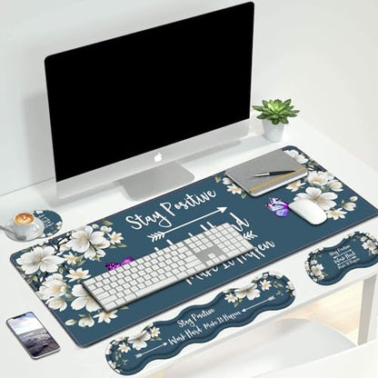 4 in 1 Ergonomic Keyboard Wrist Rest & Mouse Pad Wrist Rest Set,Stay Positive Work Hard and Make It Happen Inspirational Quote Large XXL Gaming Desk Mat with Non-Slip Base for Home Office Study Gaming - color: Stay Positive Work Hard and Make It Happen