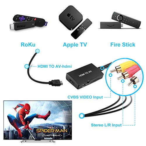 HDMI to RCA Converter, HDMI to AV 3RCA CVBs Composite Video Audio Converter Adapter Supports PAL/NTSC for TV Stick, Roku, Android TV Box, DVD ect, Black