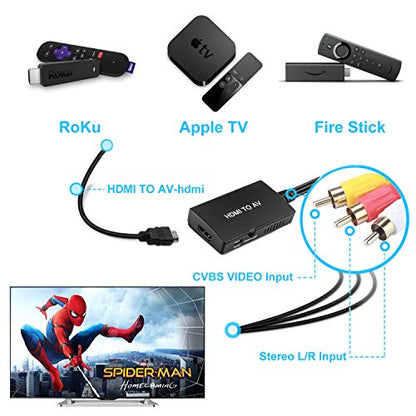 HDMI to RCA Converter, HDMI to AV 3RCA CVBs Composite Video Audio Converter Adapter Supports PAL/NTSC for TV Stick, Roku, Android TV Box, DVD ect, Black