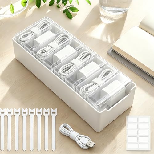 Cable Organizer Storage Box with 8 Wire Ties and Label Stickers,Desktop Charger Cable Management Box with Switch, Cord Organizer for Office,Home,Desk Accessories Storage Stationery Supplies（Clear）